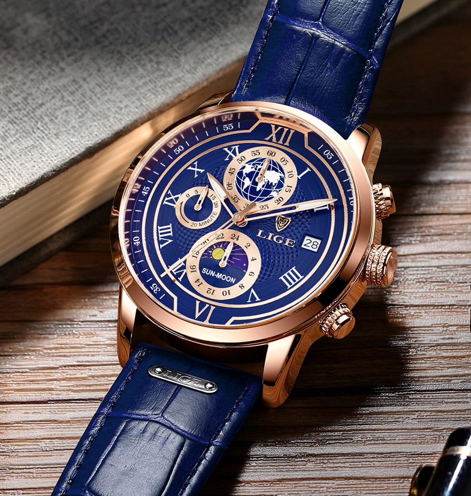 Edles Leder Chronograph Herren Armbanduhr